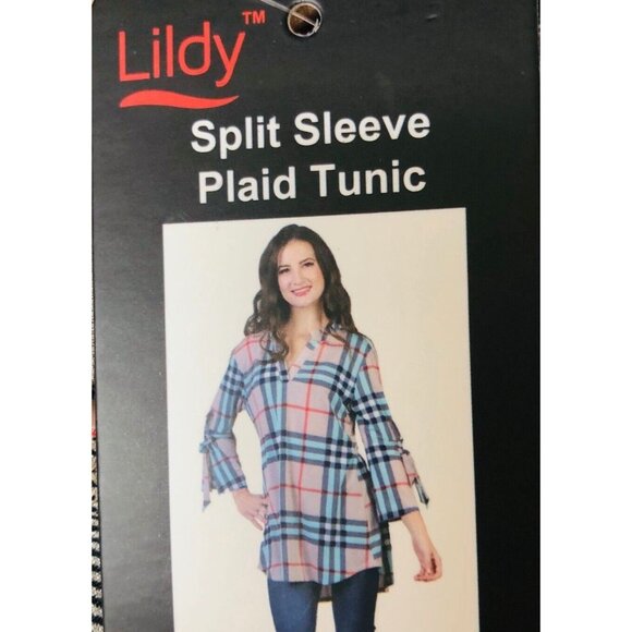 Lildy Womens Plaid Tunic Top NWT Split 3/4 Slv L XL Relax Neutral Office Casual - Picture 5 of 10